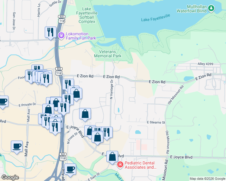 map of restaurants, bars, coffee shops, grocery stores, and more near 4209 Meadow View Drive in Fayetteville