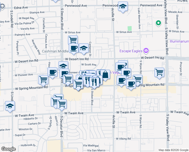 map of restaurants, bars, coffee shops, grocery stores, and more near 3410 South Myrtle Avenue in Las Vegas