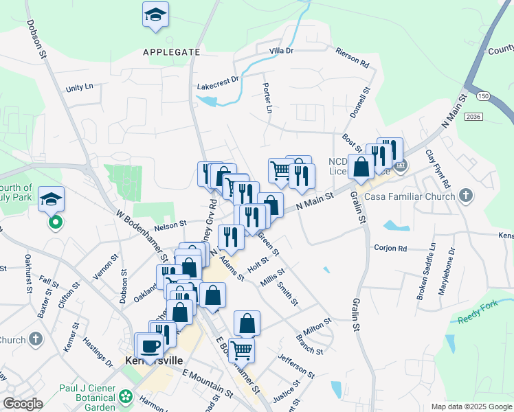 map of restaurants, bars, coffee shops, grocery stores, and more near 538 Nelson Street in Kernersville