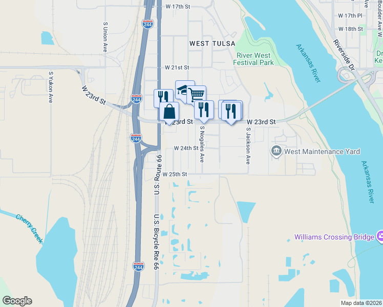 map of restaurants, bars, coffee shops, grocery stores, and more near 2411 South Olympia Avenue in Tulsa