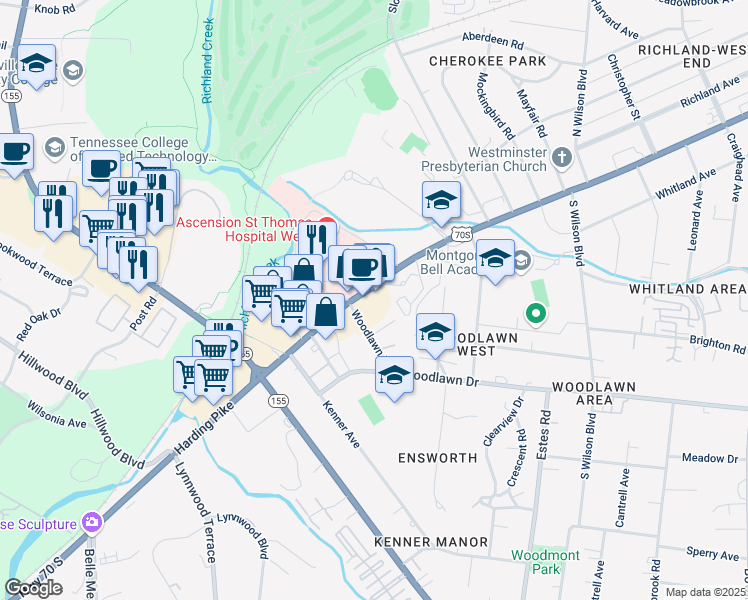 map of restaurants, bars, coffee shops, grocery stores, and more near 4231 U.S. 70S in Nashville