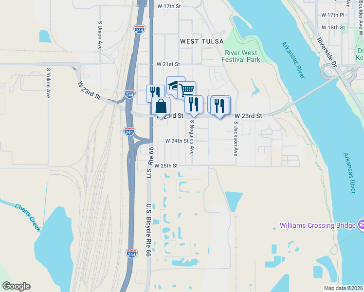 map of restaurants, bars, coffee shops, grocery stores, and more near 2411 South Olympia Avenue in Tulsa