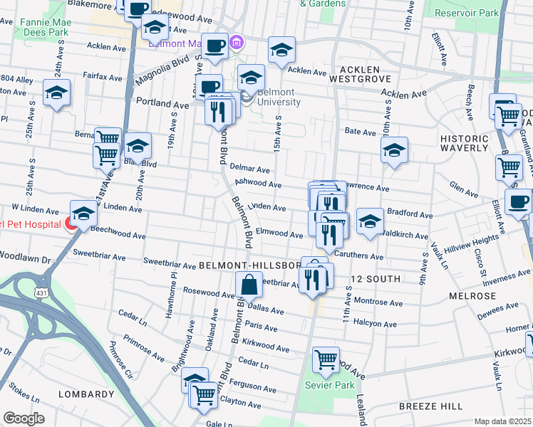 map of restaurants, bars, coffee shops, grocery stores, and more near 1603 Linden Avenue in Nashville
