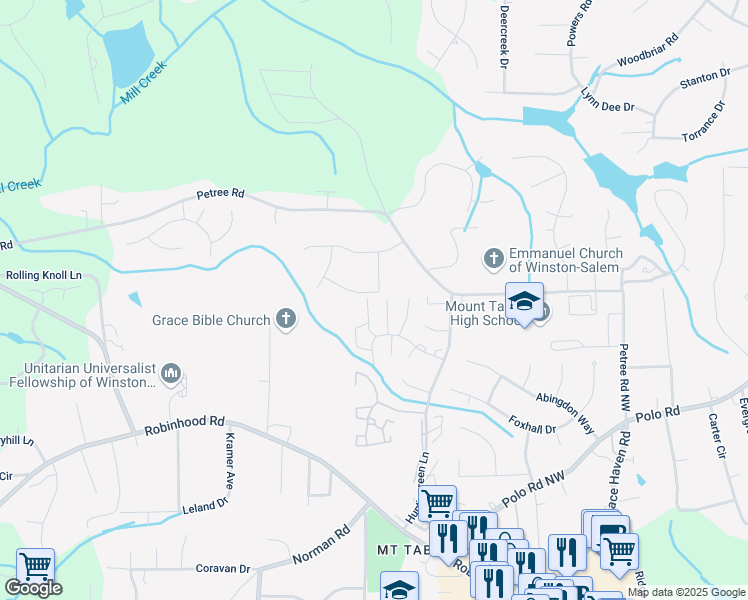 map of restaurants, bars, coffee shops, grocery stores, and more near 3973 Valley Court in Winston-Salem