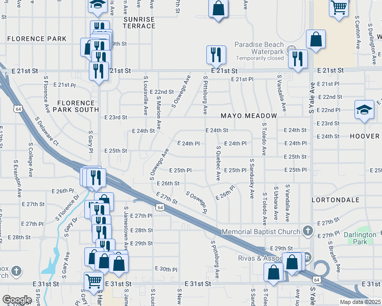 map of restaurants, bars, coffee shops, grocery stores, and more near 4057 East 25th Street in Tulsa