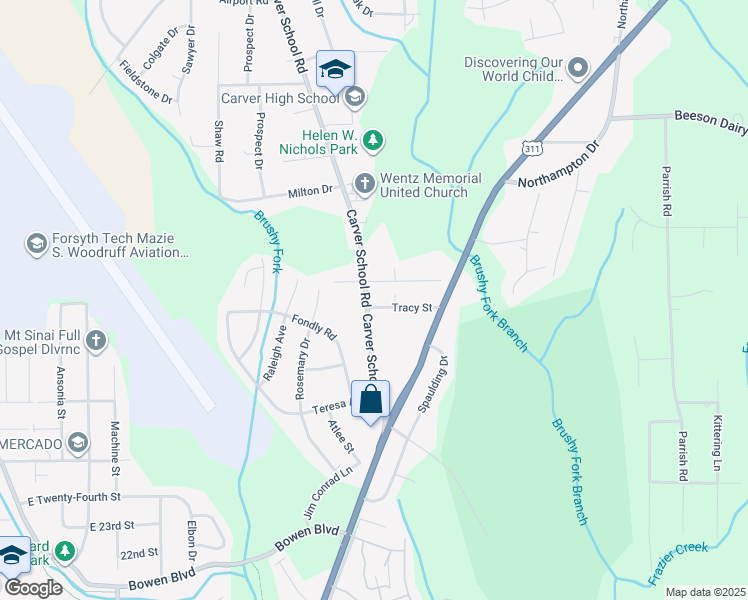 map of restaurants, bars, coffee shops, grocery stores, and more near 3315 Carver School Road in Winston-Salem