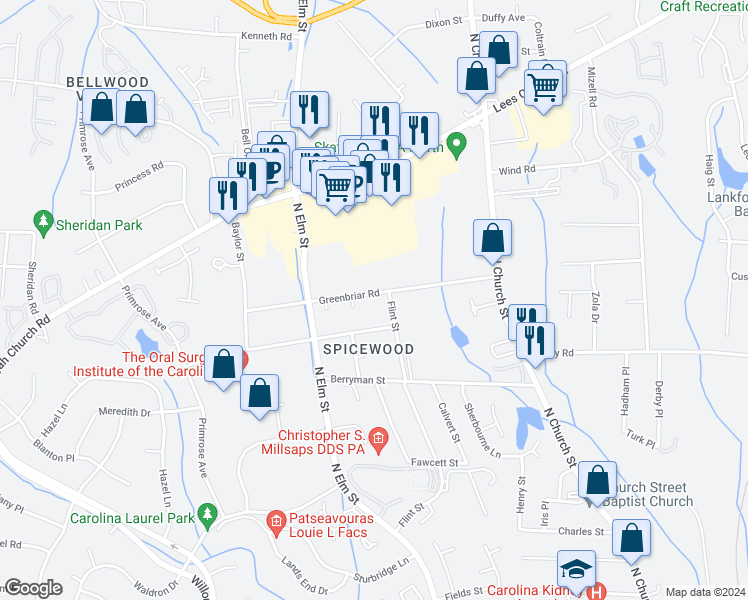 map of restaurants, bars, coffee shops, grocery stores, and more near 303 Greenbriar Road in Greensboro