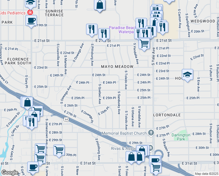map of restaurants, bars, coffee shops, grocery stores, and more near 4217 East 25th Street in Tulsa