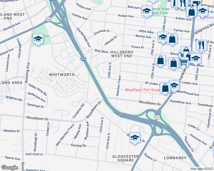 map of restaurants, bars, coffee shops, grocery stores, and more near 2816 Westwood Avenue in Nashville