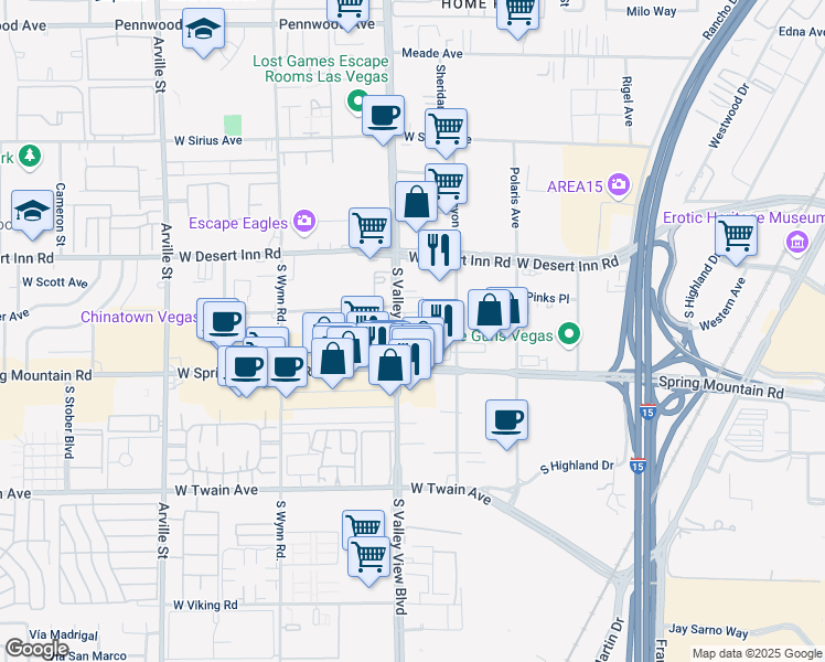 map of restaurants, bars, coffee shops, grocery stores, and more near 3430 South Valley View Boulevard in Las Vegas