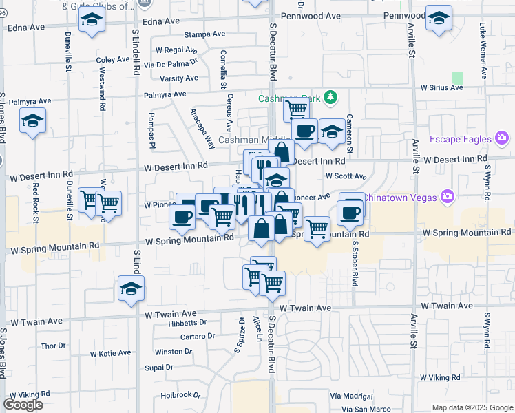map of restaurants, bars, coffee shops, grocery stores, and more near 3421 South Decatur Boulevard in Las Vegas