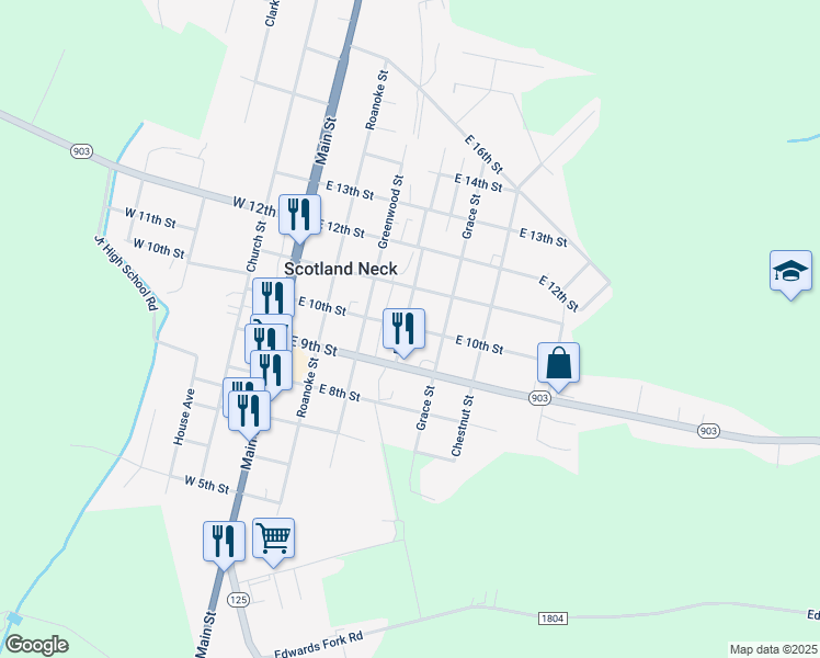 map of restaurants, bars, coffee shops, grocery stores, and more near 412 East 10th Street in Scotland Neck