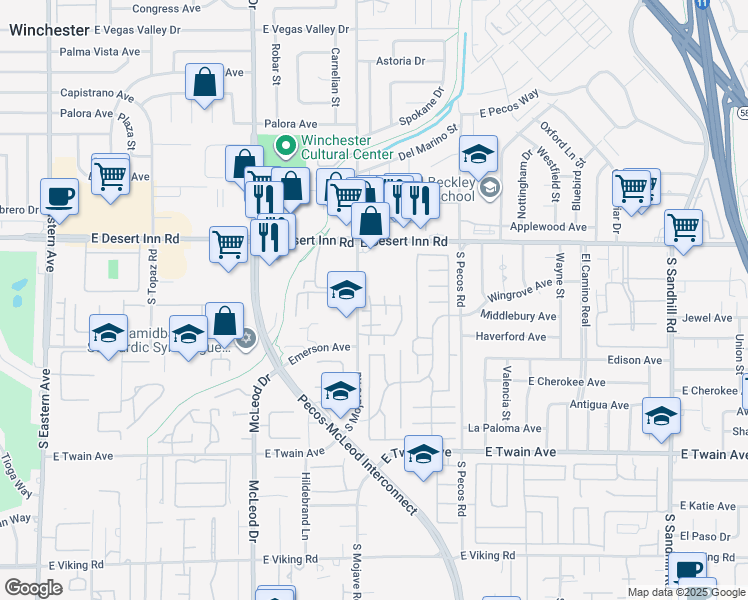 map of restaurants, bars, coffee shops, grocery stores, and more near 3232 Dayflower Street in Las Vegas