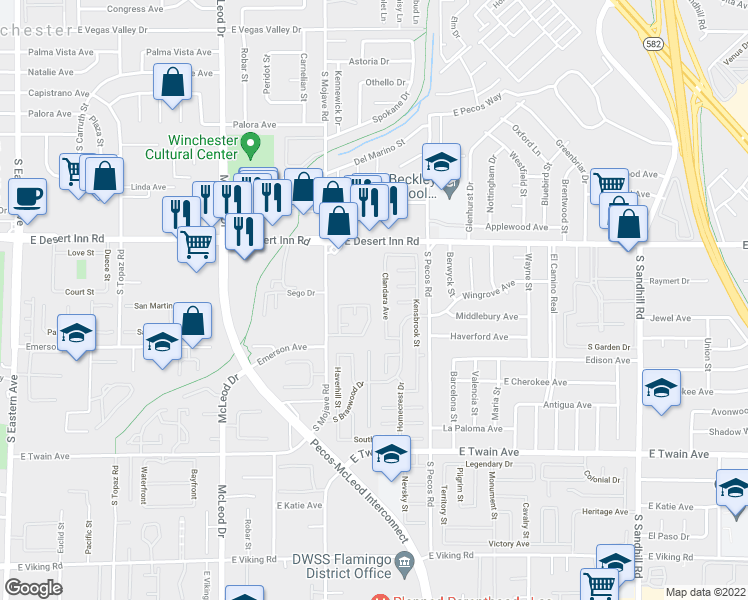 map of restaurants, bars, coffee shops, grocery stores, and more near 3264 Dayflower Street in Las Vegas