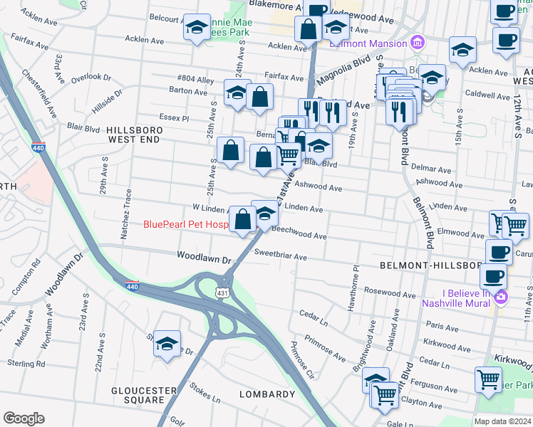 map of restaurants, bars, coffee shops, grocery stores, and more near 2016 Beechwood Avenue in Nashville