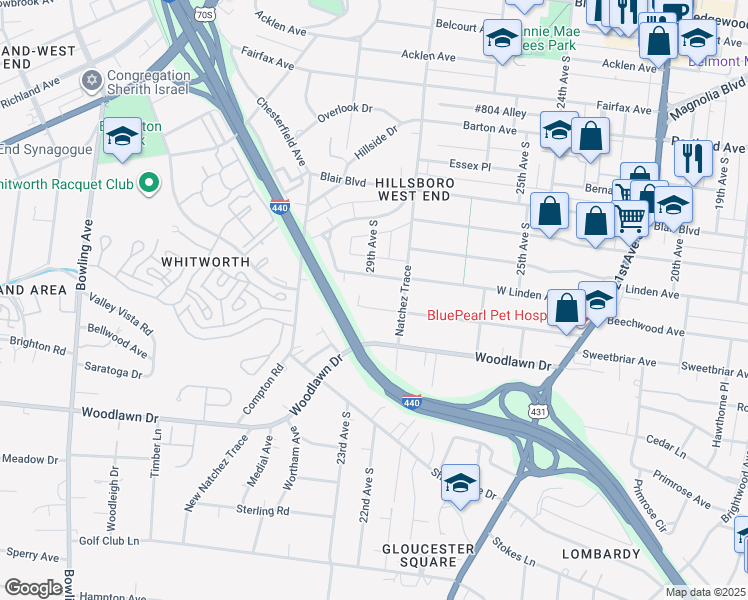 map of restaurants, bars, coffee shops, grocery stores, and more near 2816 Westwood Avenue in Nashville