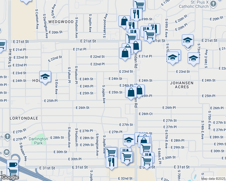 map of restaurants, bars, coffee shops, grocery stores, and more near 5914 East 25th Street in Tulsa