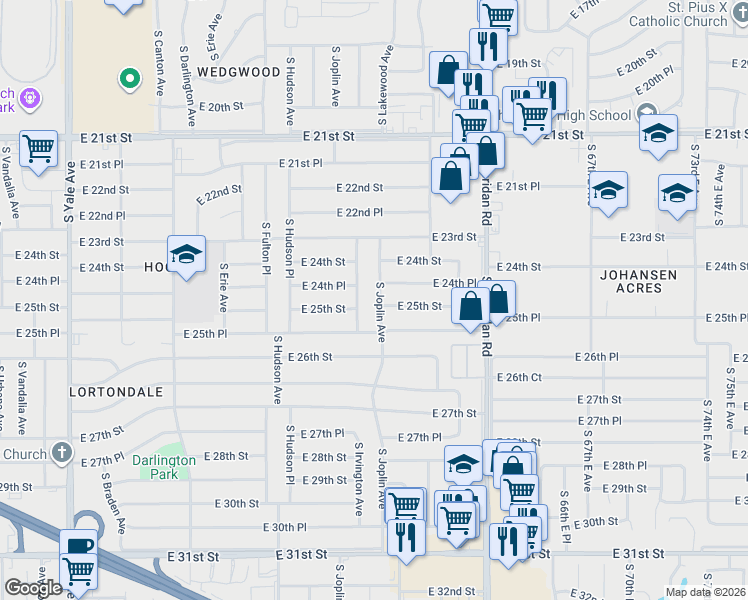 map of restaurants, bars, coffee shops, grocery stores, and more near 2447 South Irvington Avenue in Tulsa