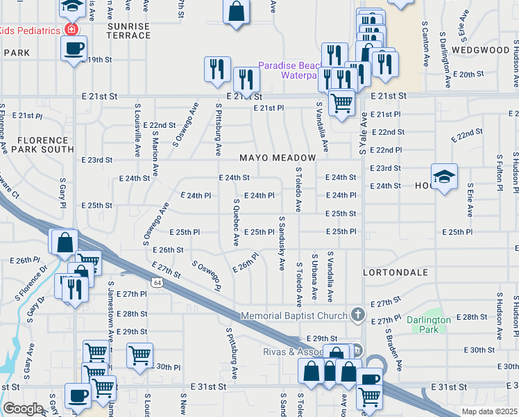map of restaurants, bars, coffee shops, grocery stores, and more near 4217 East 25th Street in Tulsa