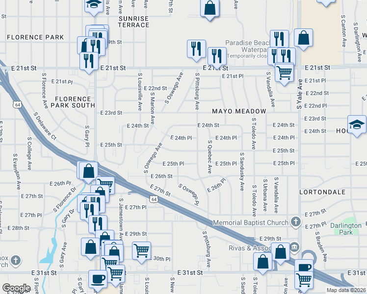 map of restaurants, bars, coffee shops, grocery stores, and more near 4057 East 25th Street in Tulsa