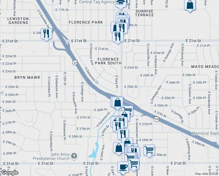 map of restaurants, bars, coffee shops, grocery stores, and more near 2371 South Delaware Court in Tulsa