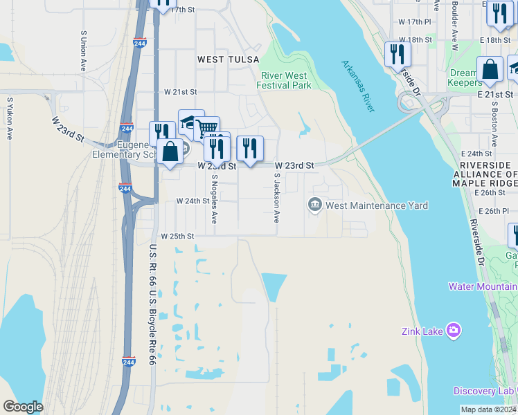 map of restaurants, bars, coffee shops, grocery stores, and more near 709 West 25th Street in Tulsa