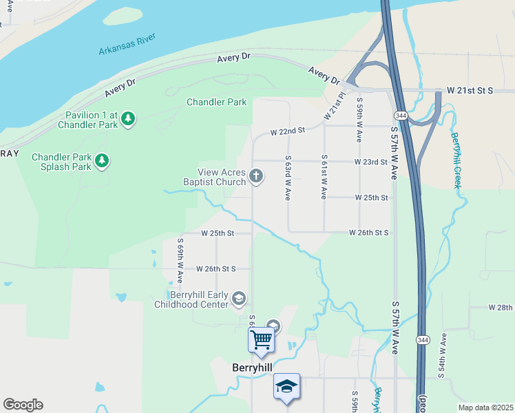 map of restaurants, bars, coffee shops, grocery stores, and more near 2355 South 65th West Avenue in Tulsa