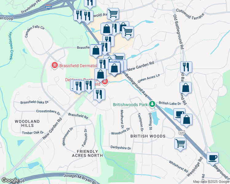 map of restaurants, bars, coffee shops, grocery stores, and more near 2128 New Garden Road in Greensboro