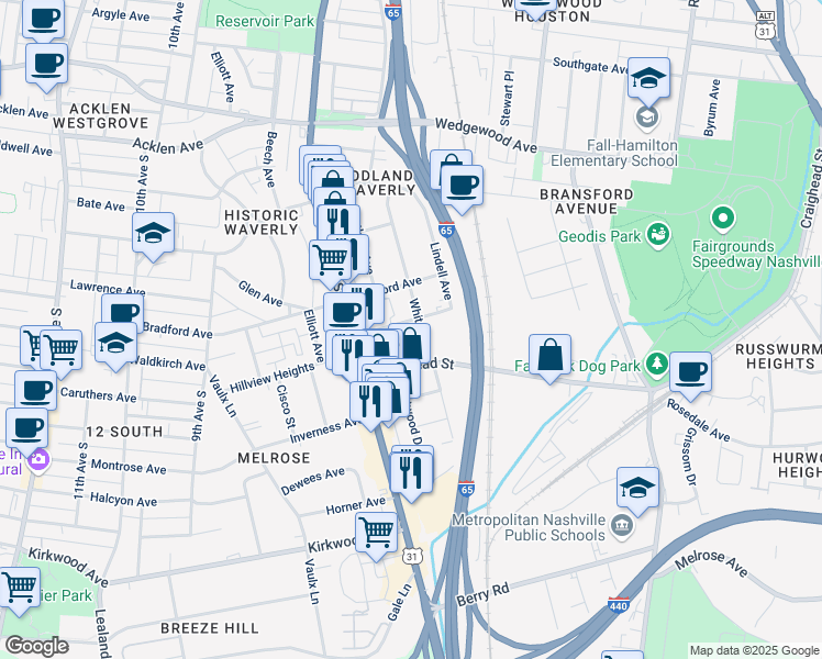 map of restaurants, bars, coffee shops, grocery stores, and more near 2331 White Avenue in Nashville