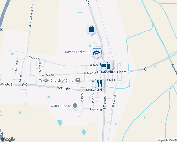 map of restaurants, bars, coffee shops, grocery stores, and more near 320 W Main St in Rutherford