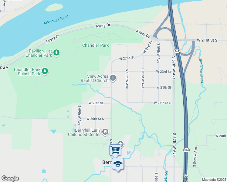 map of restaurants, bars, coffee shops, grocery stores, and more near 2355 South 65th West Avenue in Tulsa