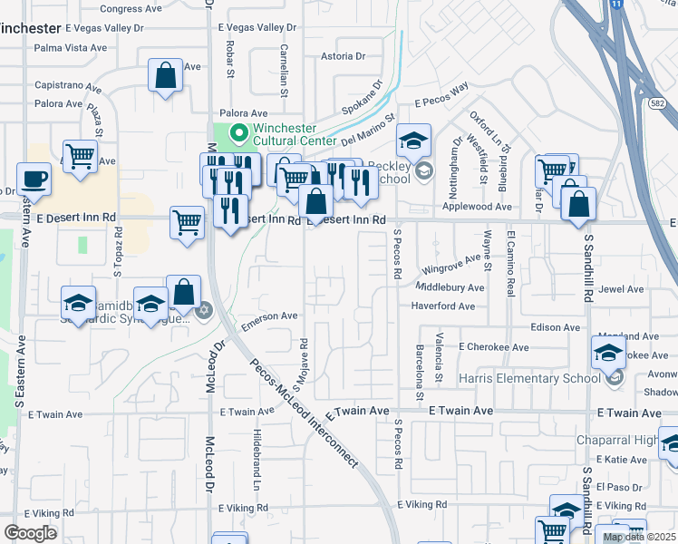 map of restaurants, bars, coffee shops, grocery stores, and more near 3264 Dayflower Street in Las Vegas