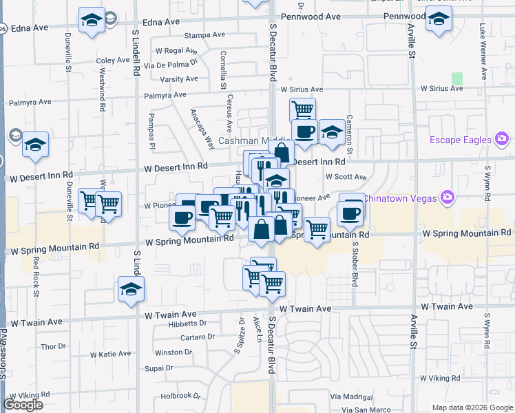 map of restaurants, bars, coffee shops, grocery stores, and more near 3421 South Decatur Boulevard in Las Vegas