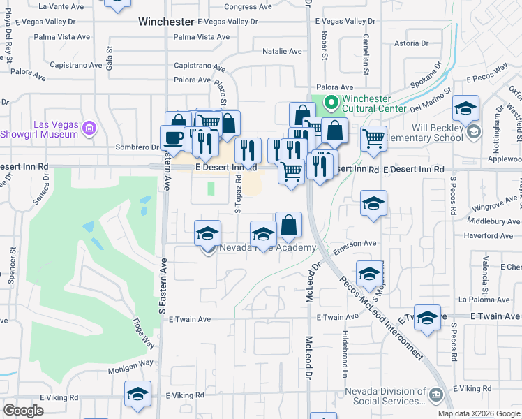 map of restaurants, bars, coffee shops, grocery stores, and more near 2742 San Martin Court in Las Vegas