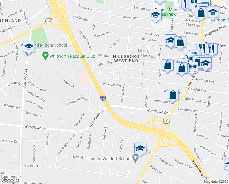 map of restaurants, bars, coffee shops, grocery stores, and more near 2816 Westwood Avenue in Nashville