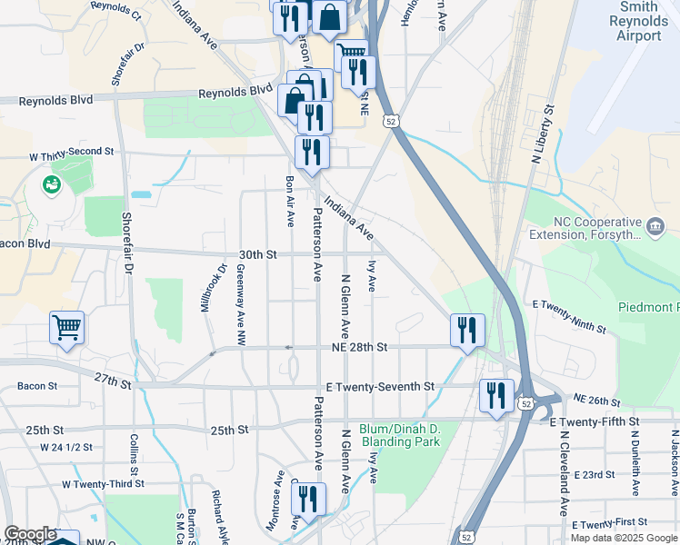 map of restaurants, bars, coffee shops, grocery stores, and more near 2930 Glenn Avenue Northeast in Winston-Salem