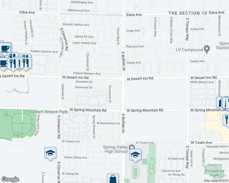map of restaurants, bars, coffee shops, grocery stores, and more near 3377 Commendation Drive in Las Vegas