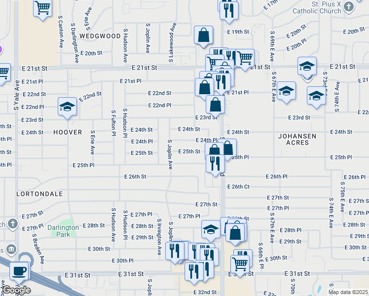 map of restaurants, bars, coffee shops, grocery stores, and more near 5914 East 25th Street in Tulsa