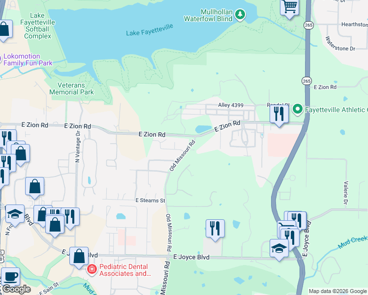 map of restaurants, bars, coffee shops, grocery stores, and more near 4250 Old Missouri Road in Fayetteville