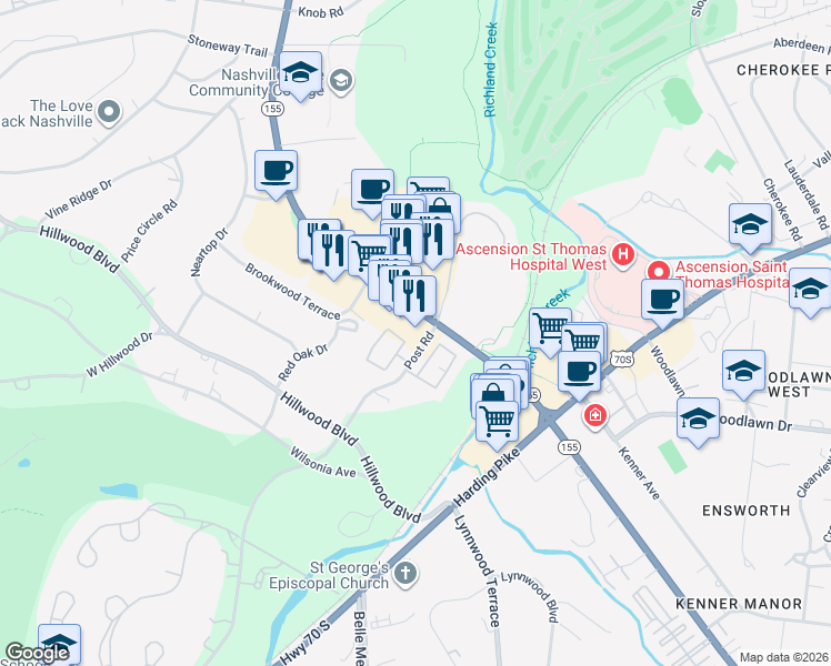 map of restaurants, bars, coffee shops, grocery stores, and more near 17 White Bridge Pike in Nashville