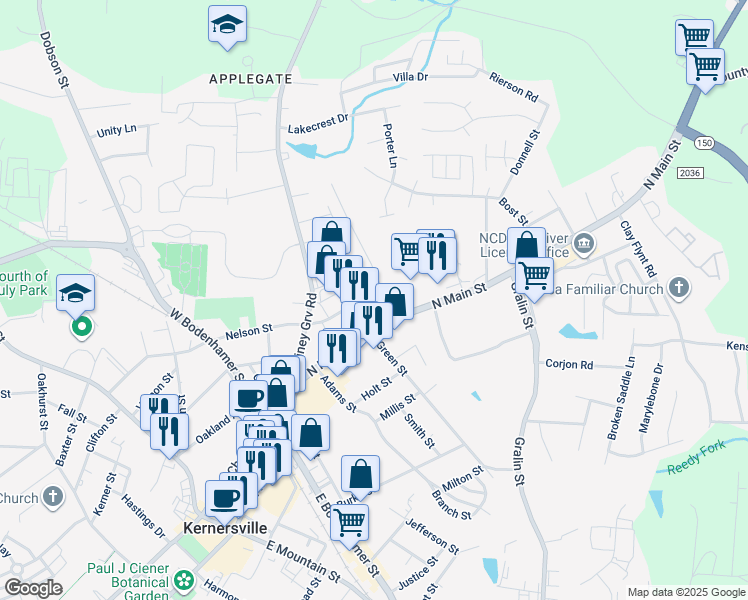 map of restaurants, bars, coffee shops, grocery stores, and more near 538 Nelson Street in Kernersville
