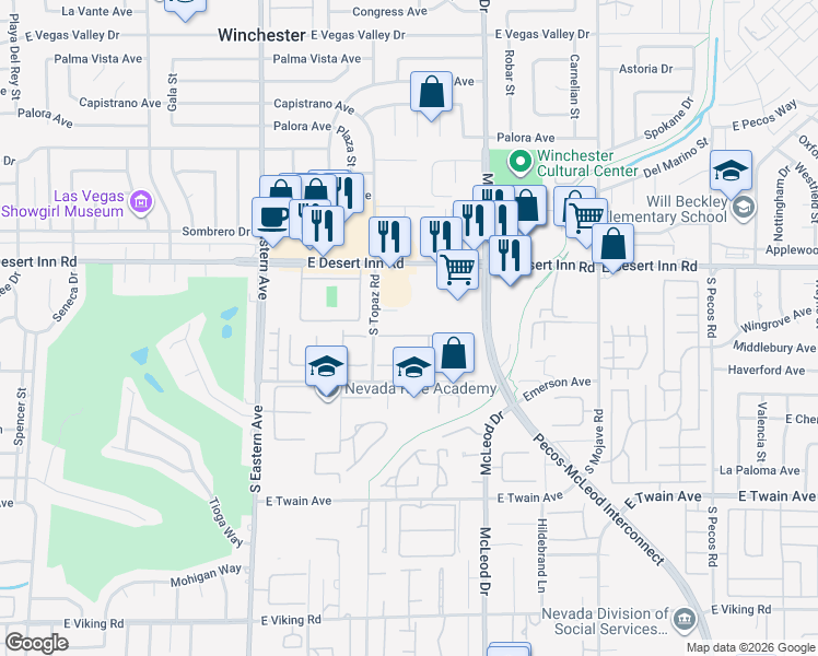 map of restaurants, bars, coffee shops, grocery stores, and more near 2742 San Martin Court in Las Vegas