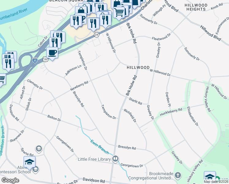 map of restaurants, bars, coffee shops, grocery stores, and more near 717 Starlit Road in Nashville
