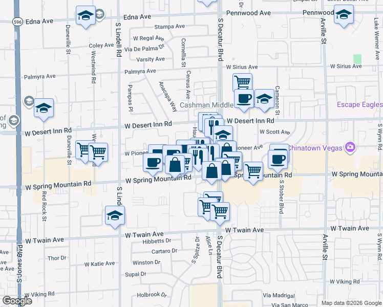 map of restaurants, bars, coffee shops, grocery stores, and more near 5061 West Pioneer Avenue in Las Vegas