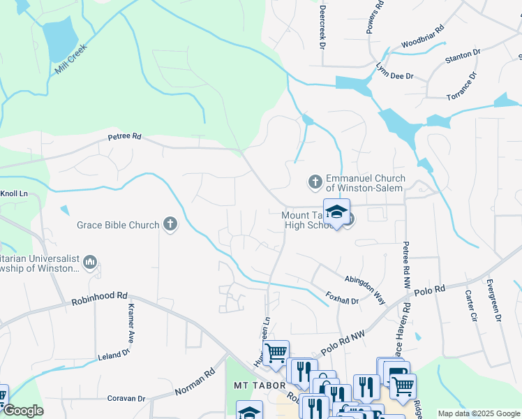 map of restaurants, bars, coffee shops, grocery stores, and more near 3925 Valley Court in Winston-Salem