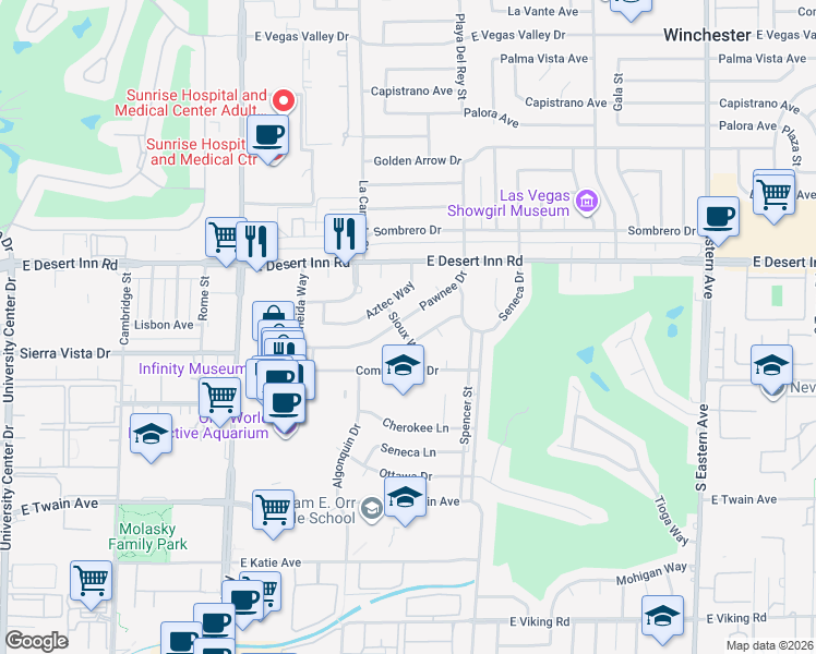 map of restaurants, bars, coffee shops, grocery stores, and more near 1607 Pawnee Drive in Las Vegas