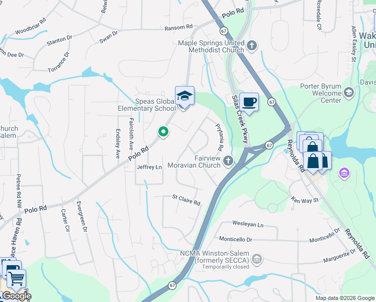 map of restaurants, bars, coffee shops, grocery stores, and more near 3001 Ormond Drive in Winston-Salem
