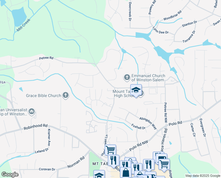 map of restaurants, bars, coffee shops, grocery stores, and more near 4080 Huntingreen Lane Northwest in Winston-Salem