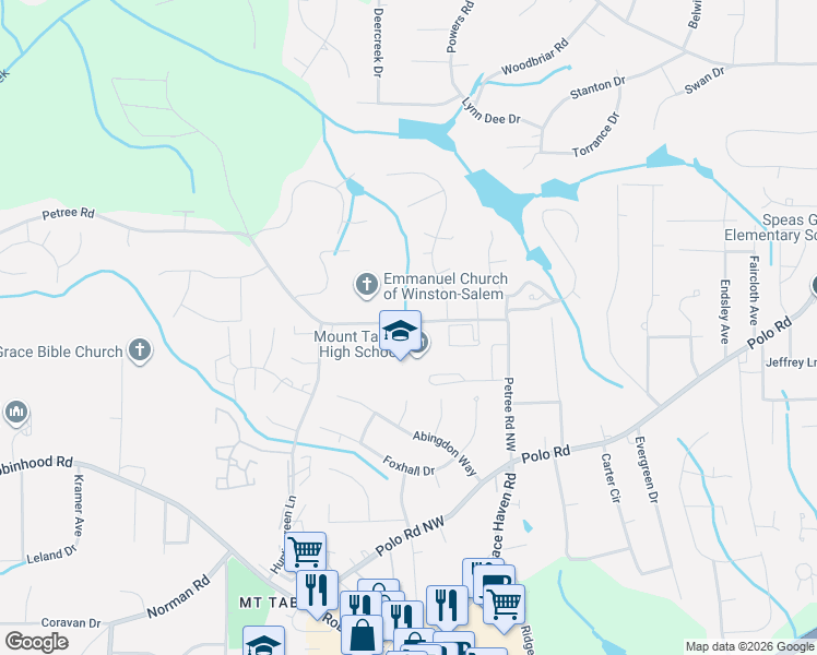 map of restaurants, bars, coffee shops, grocery stores, and more near 342 Petree Road in Winston-Salem