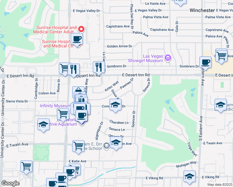 map of restaurants, bars, coffee shops, grocery stores, and more near 1607 Pawnee Drive in Las Vegas
